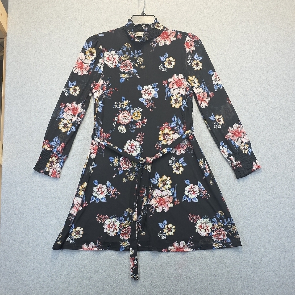 Absolutely Famous Black Floral Long Sleeve Dress Tie Waist Size M